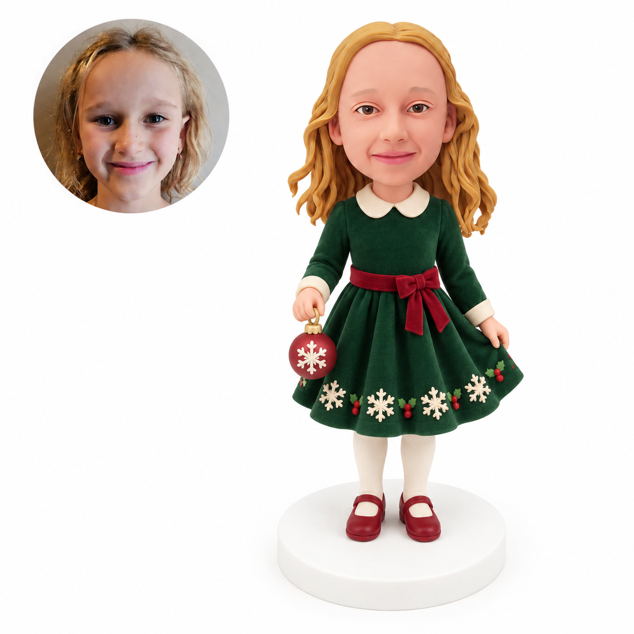 custom bobblehead figure girl in a Christmas dress holding an ornament