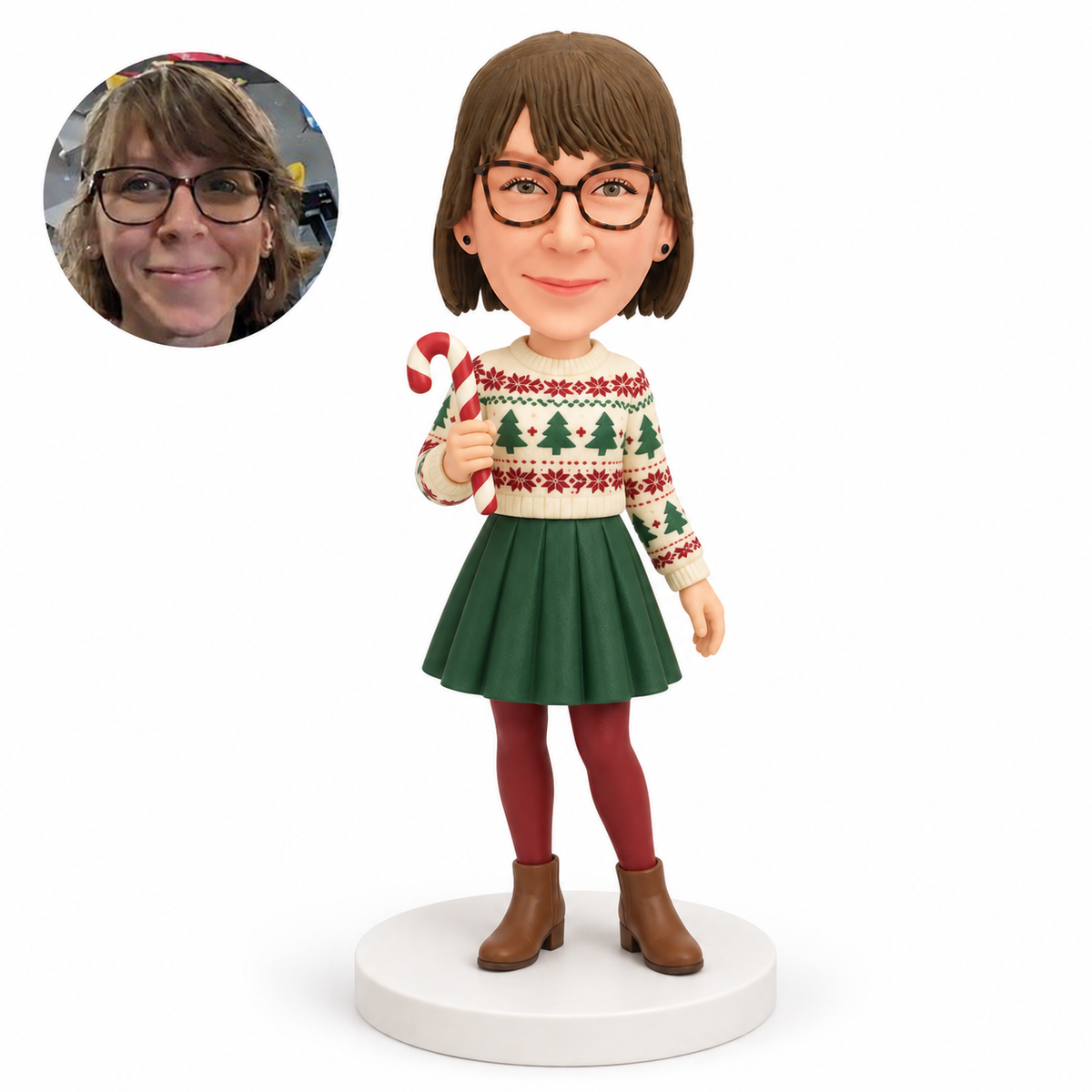 custom bobblehead figure woman in a Christmas sweater holding a candy cane