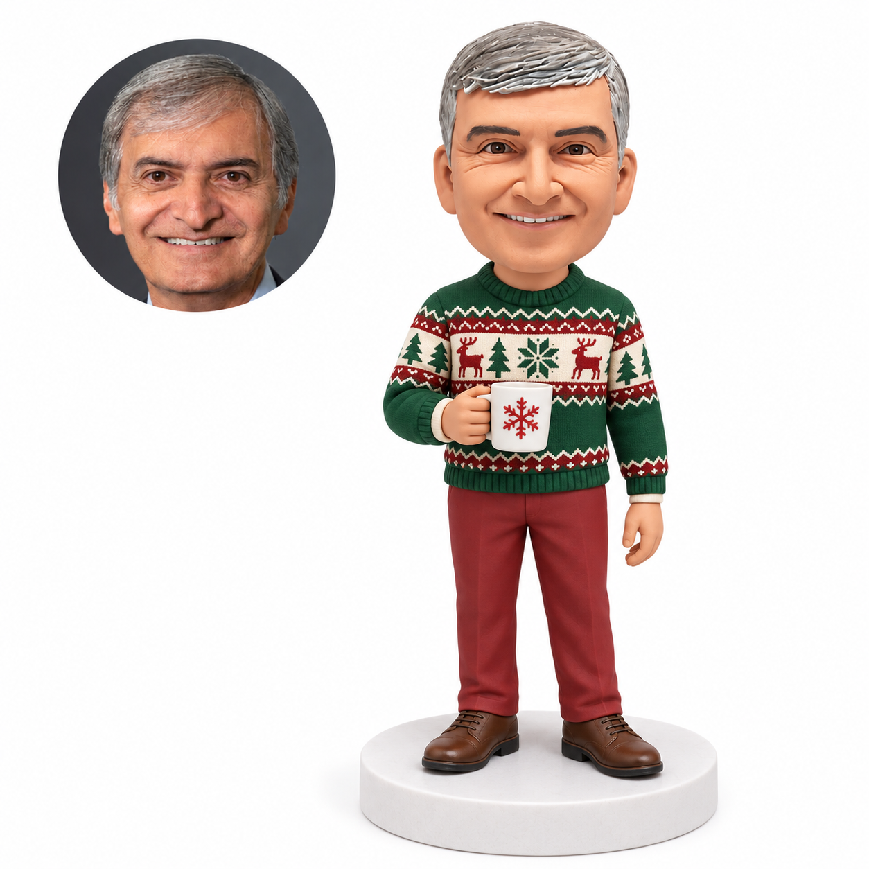 custom bobblehead figure man in a Christmas sweater holding a mug