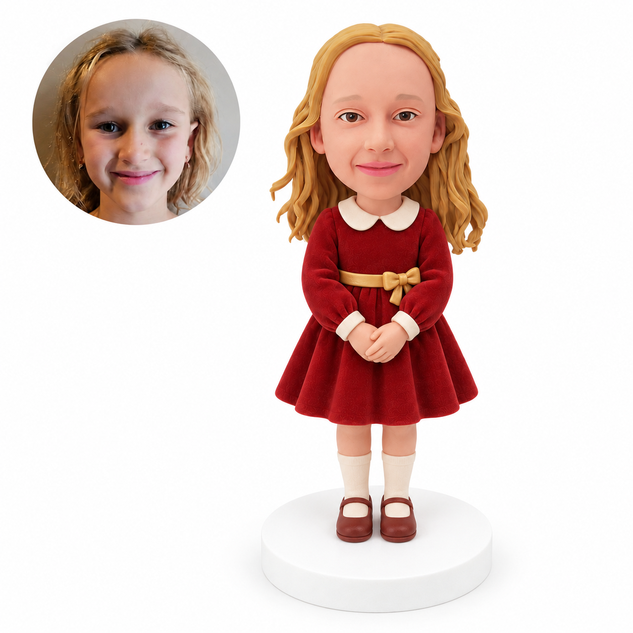 custom bobblehead figure girl in a red Christmas dress with clasped hands