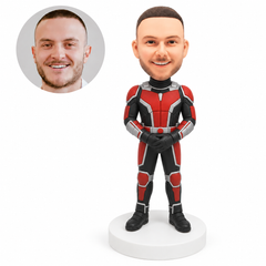 custom bobblehead figure man in red and silver armor with crossed hands