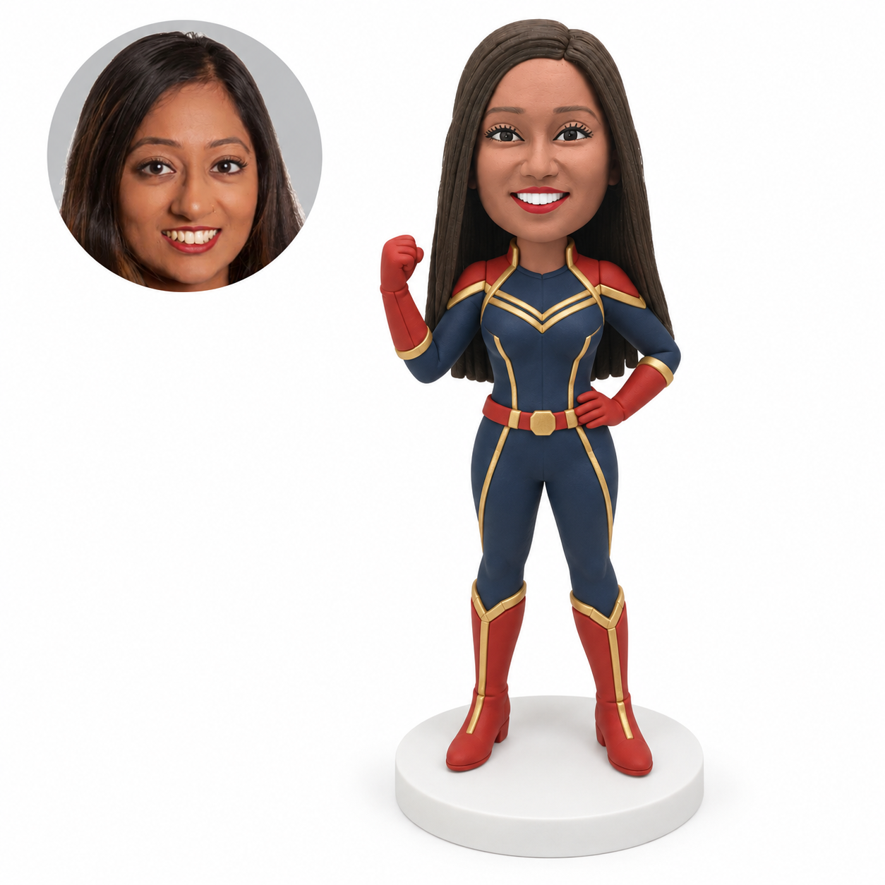 custom bobblehead figure woman in blue and red armor raising a fist