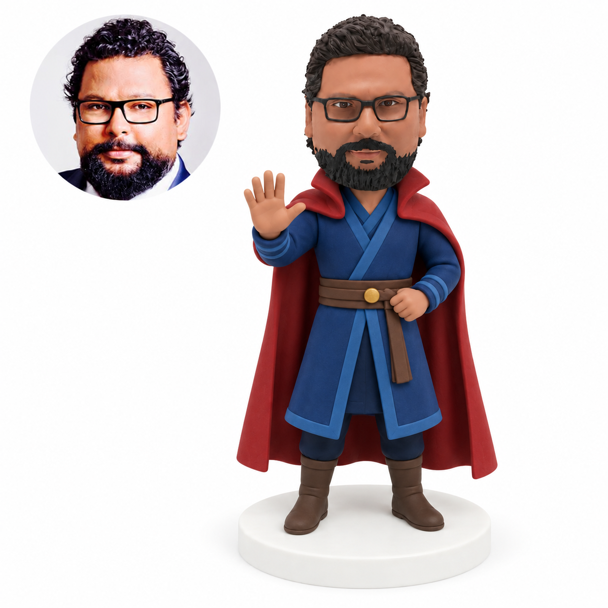 custom bobblehead figure man in a blue robe with a red cape