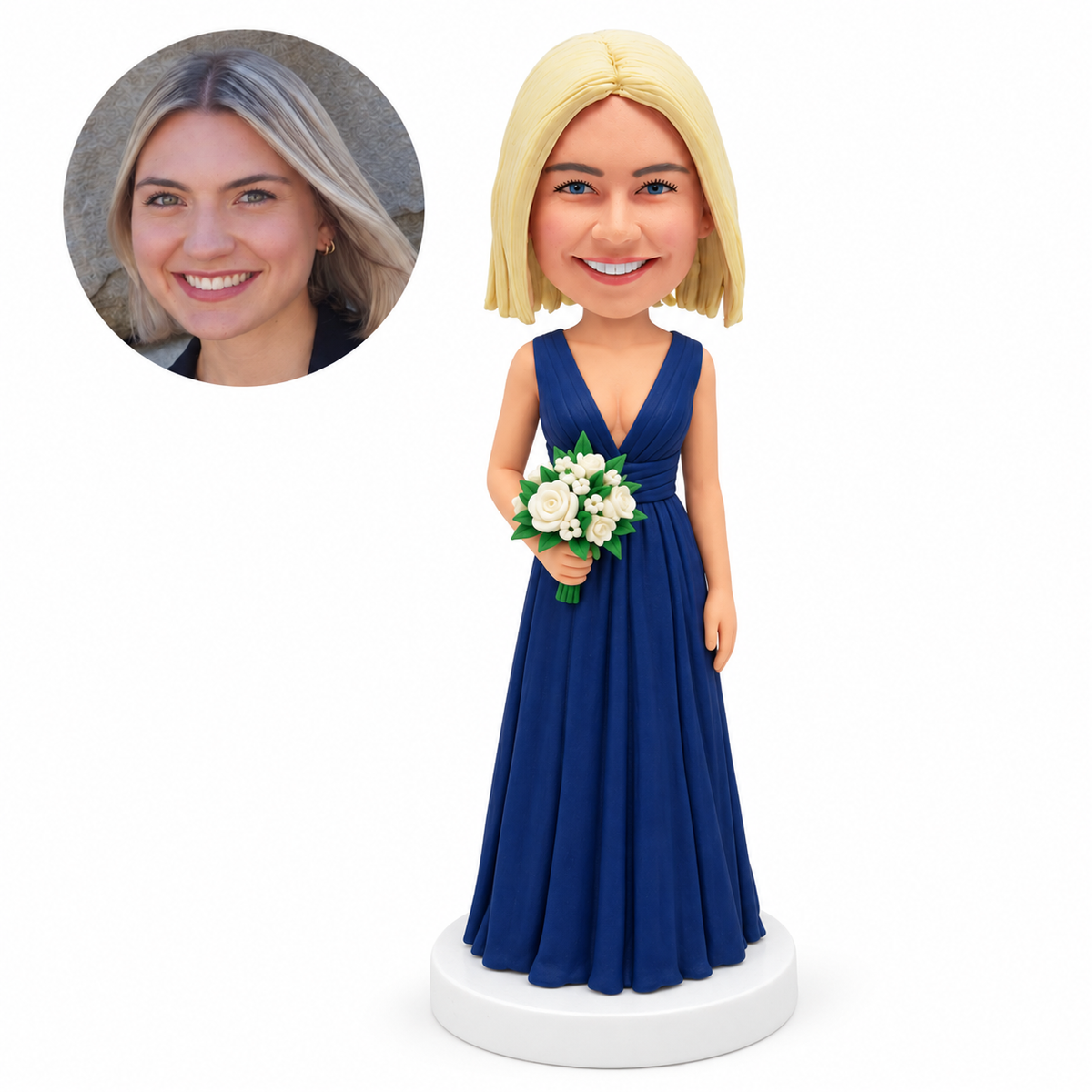 custom bobblehead figure bridesmaid in a navy V-neck gown holding flowers