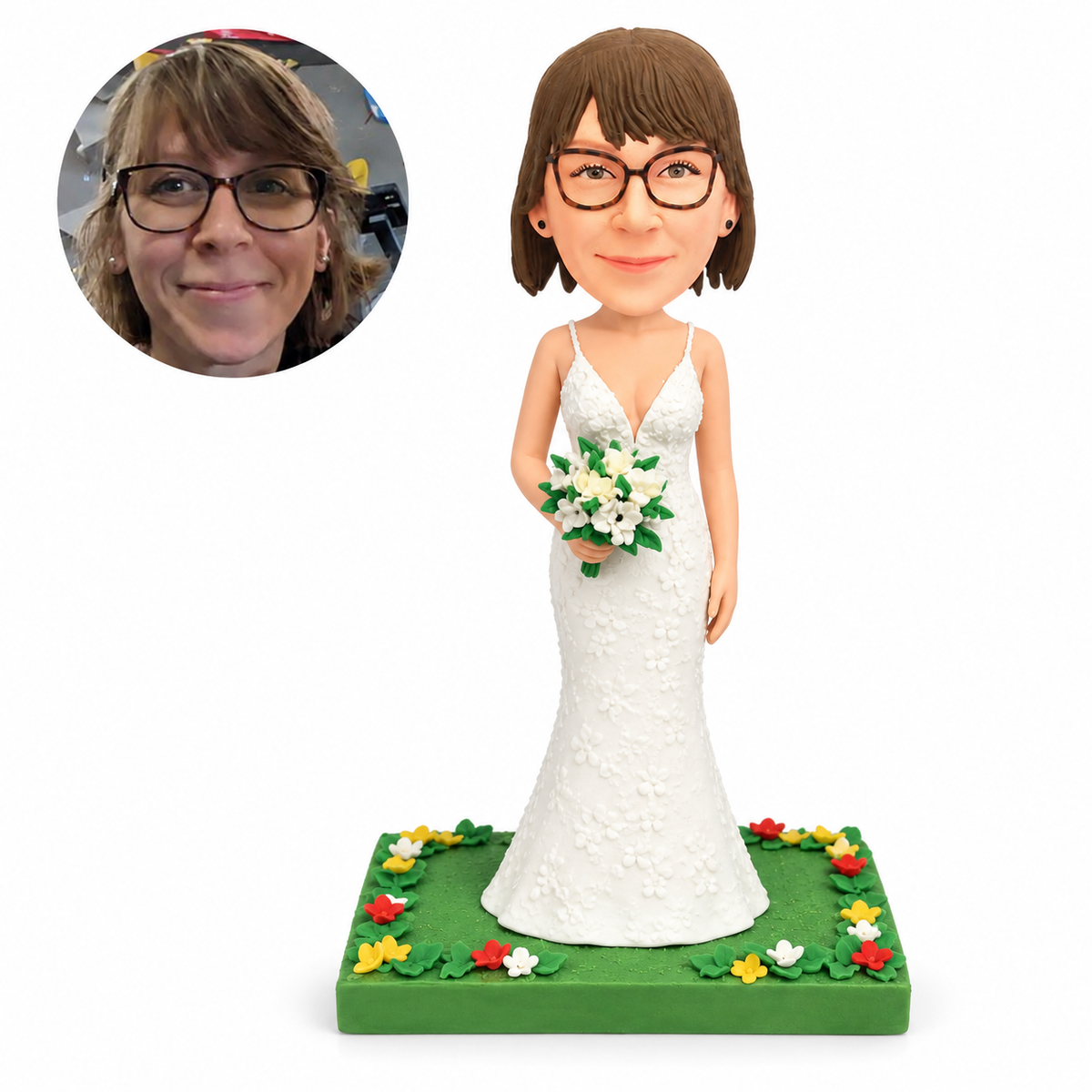 custom bobblehead figure bridesmaid in a white lace gown on a floral base
