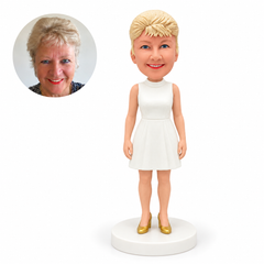 custom bobblehead figure bridesmaid in a white short dress with gold heels