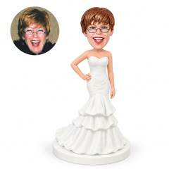 custom bobblehead figure bridesmaid in a tiered white gown with a hand on hip