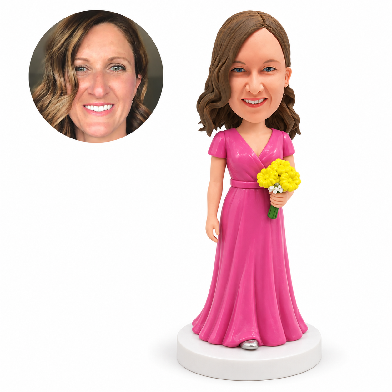custom bobblehead figure bridesmaid in a pink wrap gown holding yellow flowers