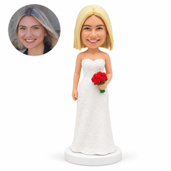custom bobblehead figure bridesmaid in a straight lace gown holding red roses