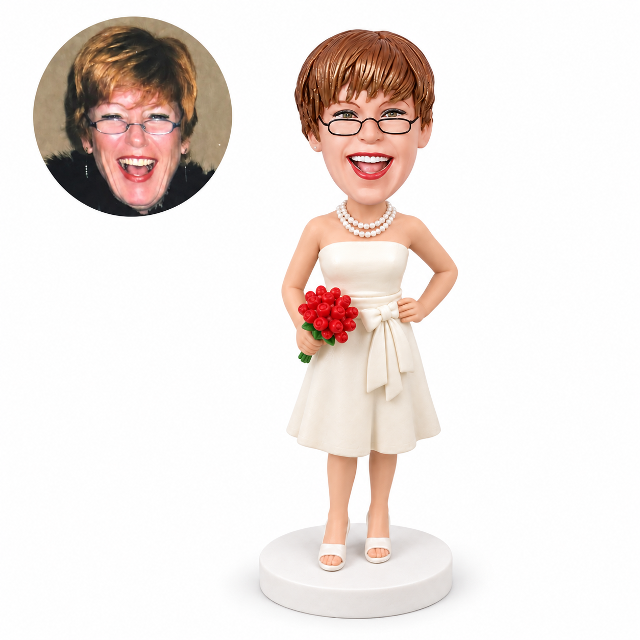 custom bobblehead figure bridesmaid in an ivory short dress with a pearl necklace