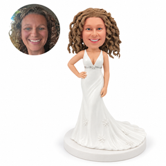 custom bobblehead figure bridesmaid in a V-neck train gown with a hand on hip