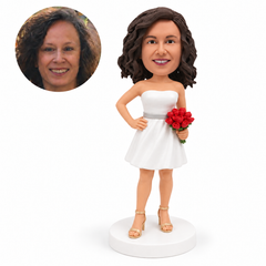 custom bobblehead figure bridesmaid in a white short dress with a hand on hip and roses