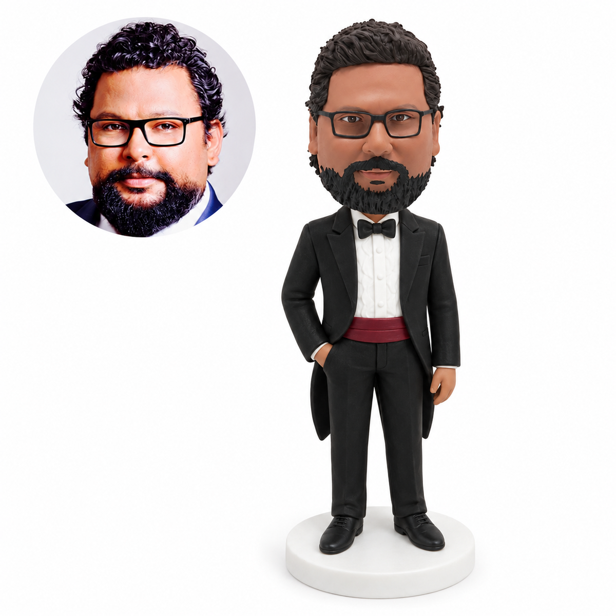 custom bobblehead figure groomsman in a black tailcoat with a burgundy cummerbund