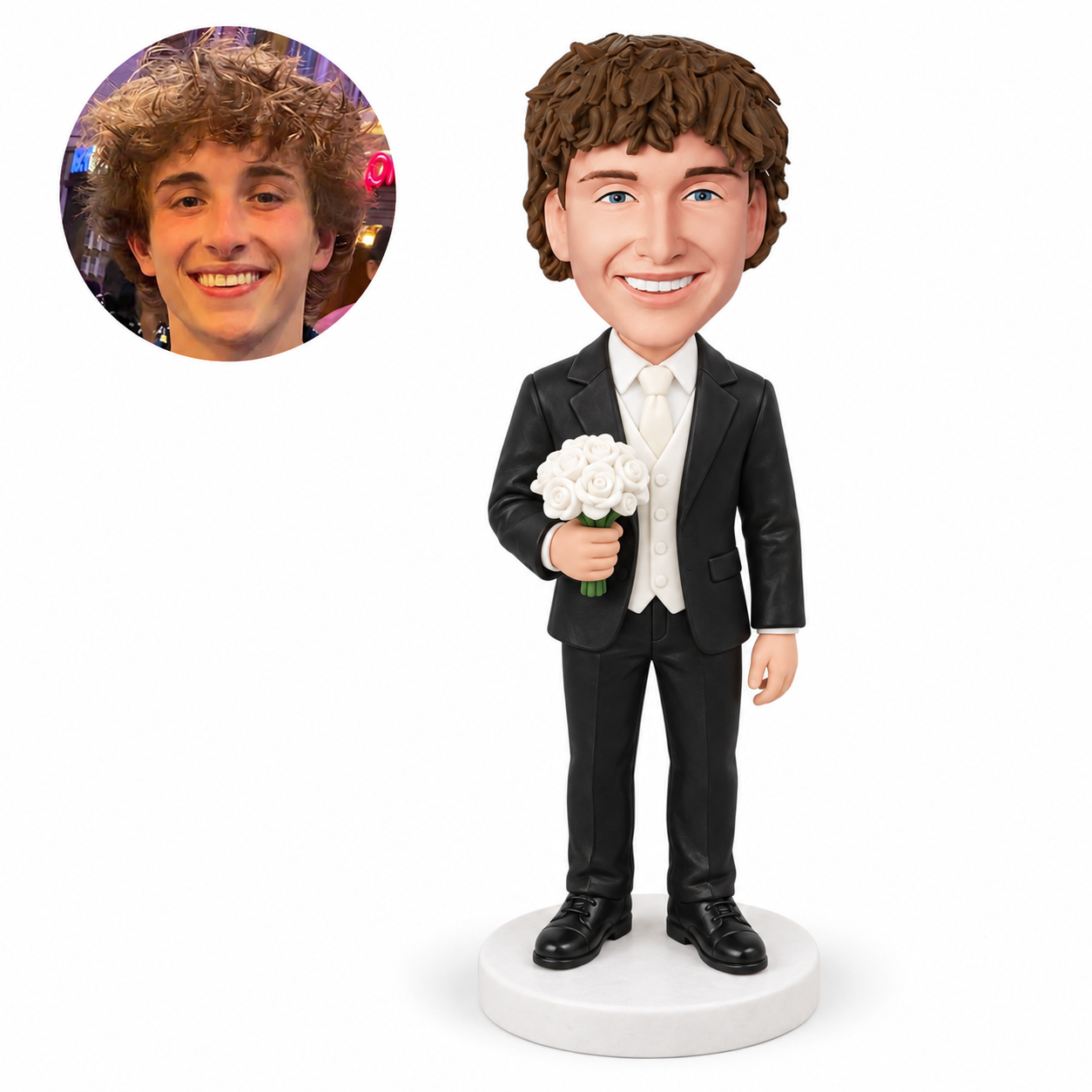 custom bobblehead figure groomsman in a black suit holding white roses