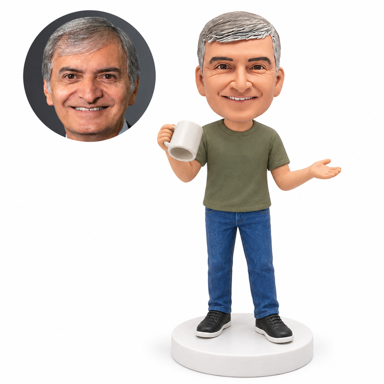 custom bobblehead figure man holding an empty coffee mug