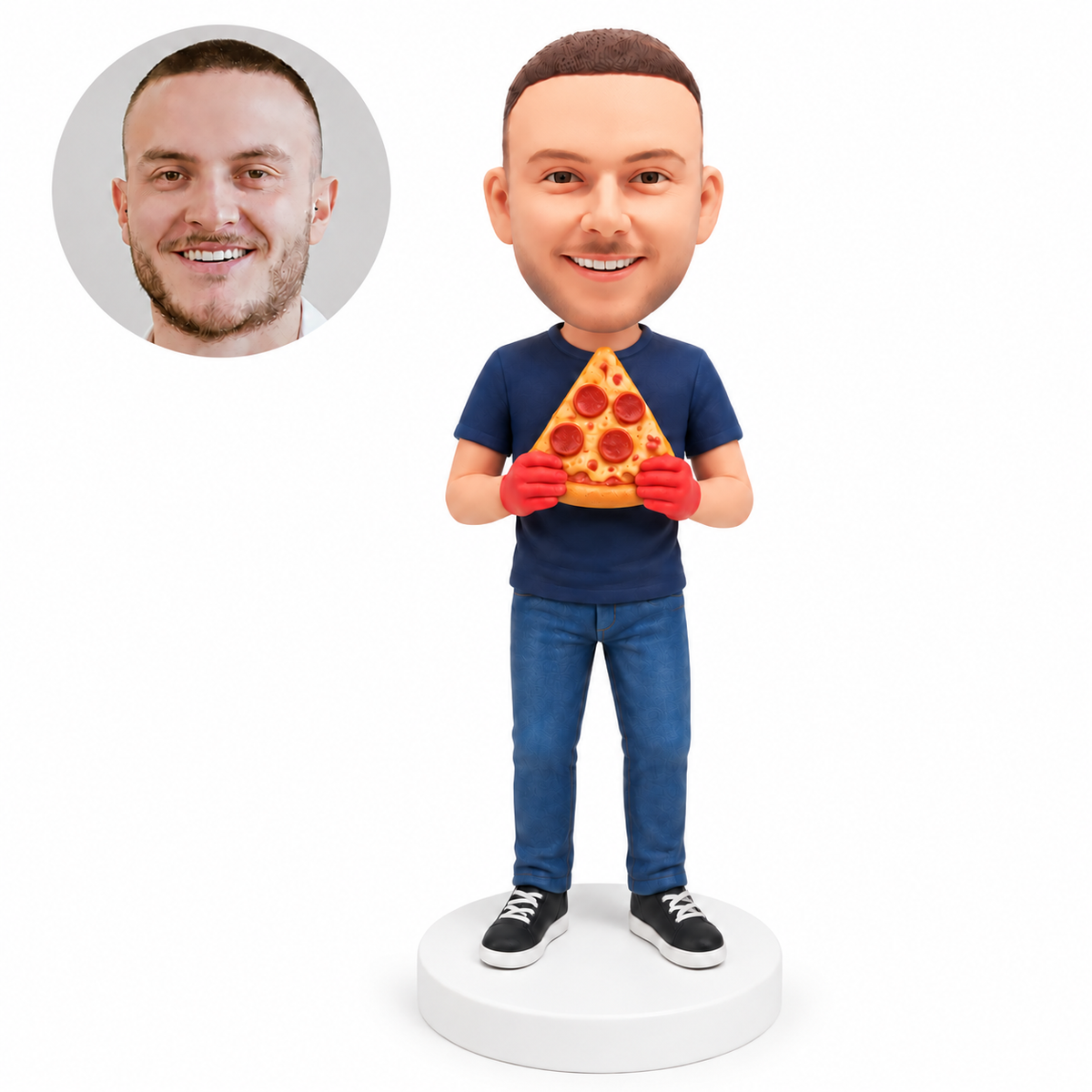 custom bobblehead figure man holding a large pizza slice
