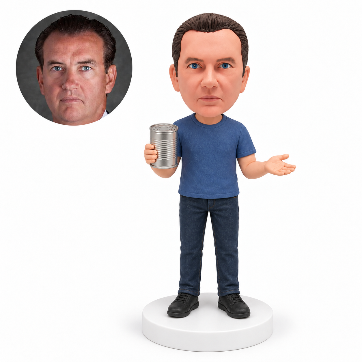 custom bobblehead figure man holding a tin can with an open palm