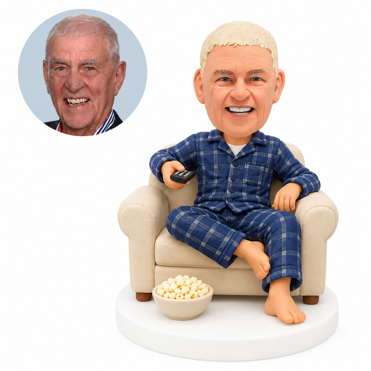 custom bobblehead figure man relaxing in an armchair with a remote