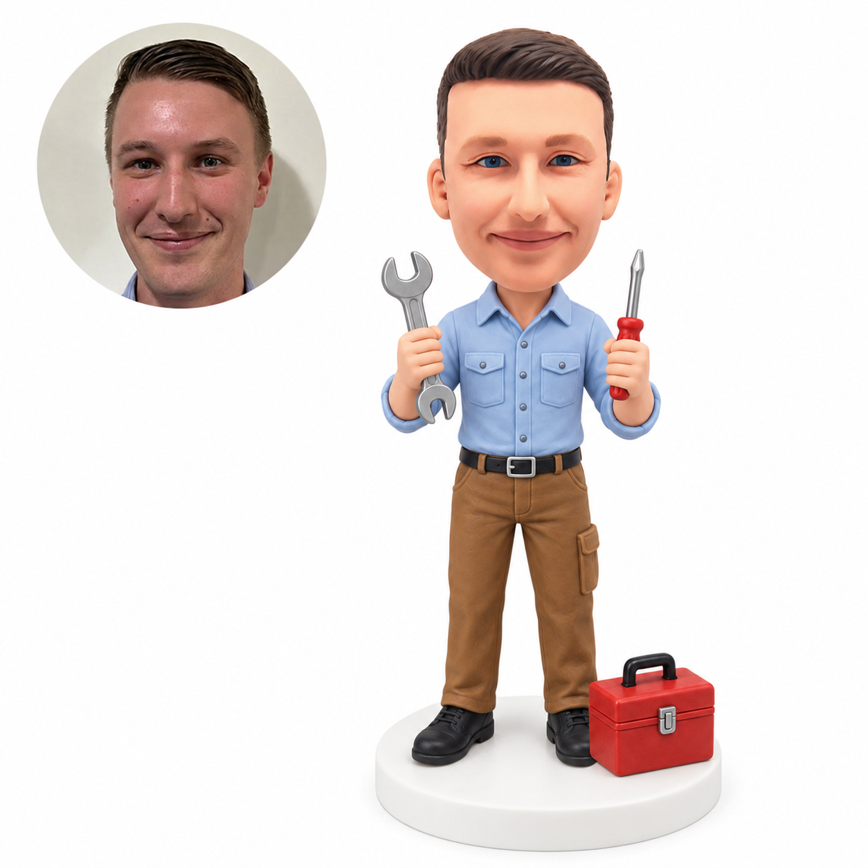 custom bobblehead figure handyman holding tools beside a toolbox
