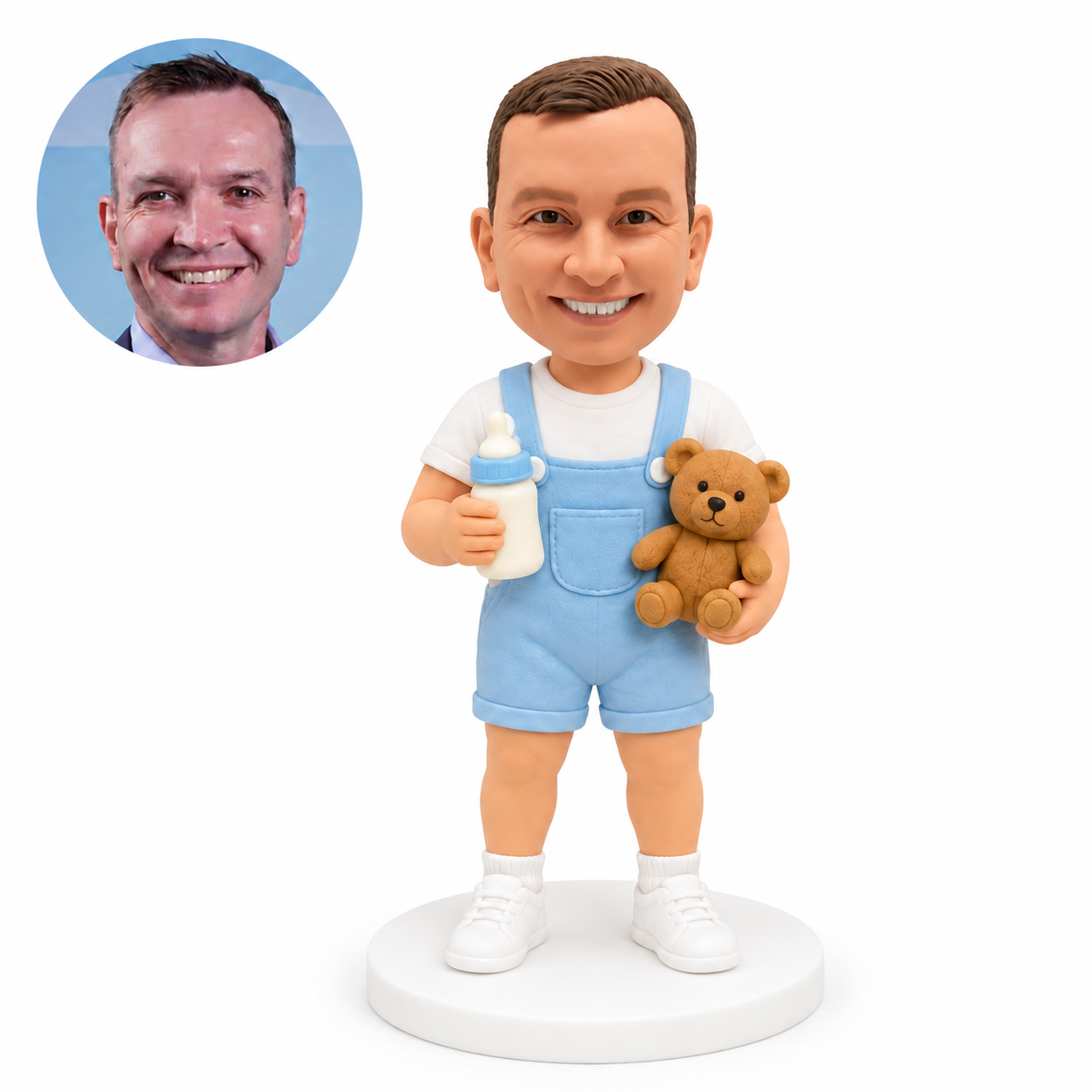 custom bobblehead figure man in short overalls holding a bottle and teddy bear