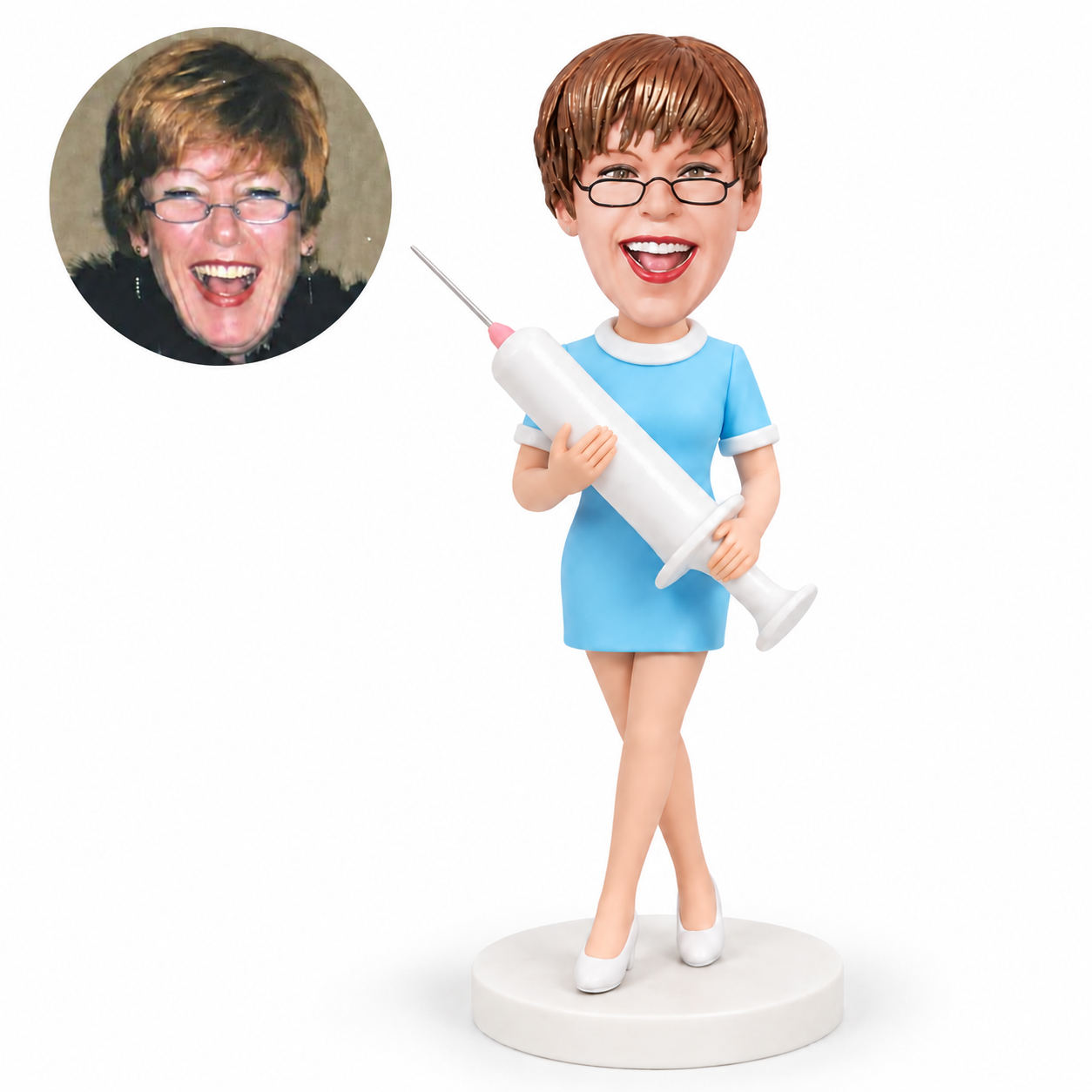 custom bobblehead figure nurse holding a large syringe