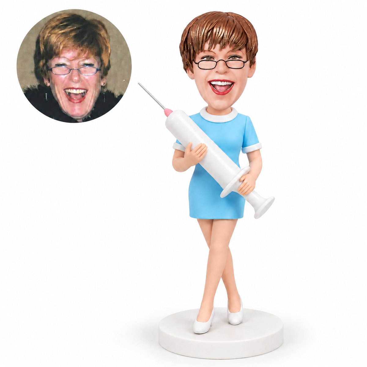 custom bobblehead figure nurse holding a large syringe