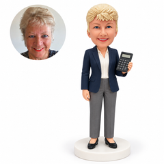 custom bobblehead figure female accountant holding a calculator
