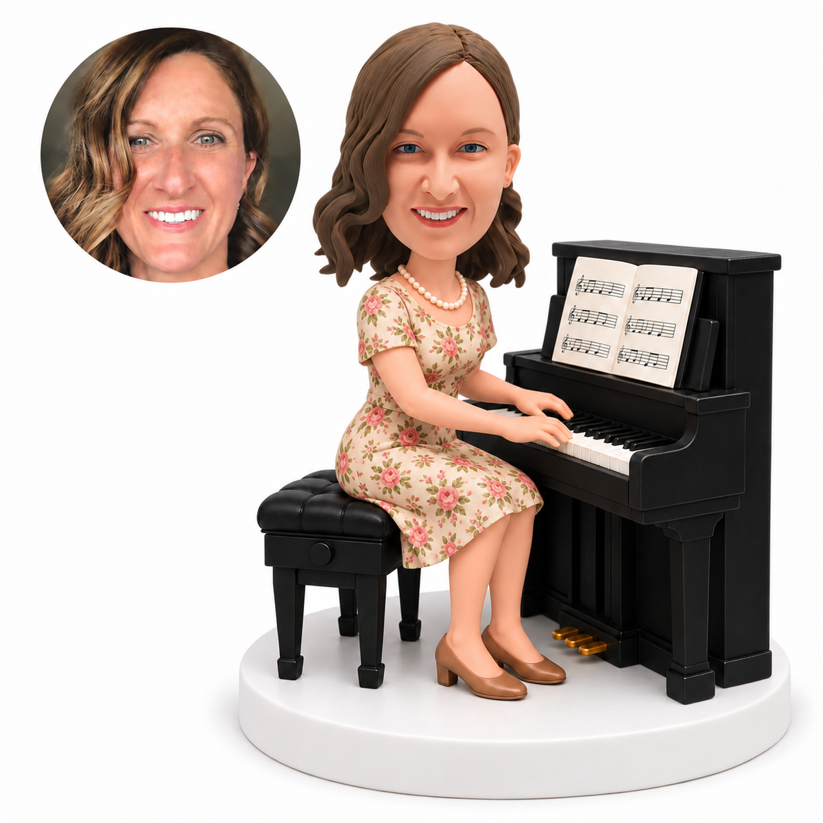 custom bobblehead figure woman in a floral dress playing an upright piano