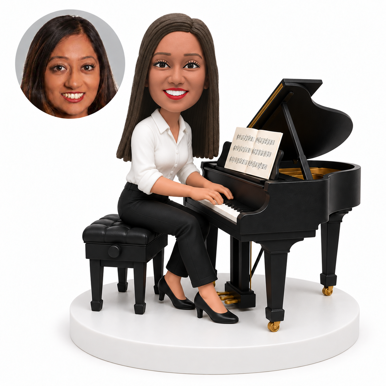 custom bobblehead figure woman in a shirt and trousers playing a grand piano