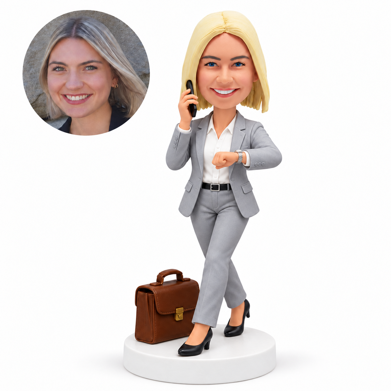 custom bobblehead figure businesswoman making a phone call while checking her watch