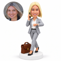 custom bobblehead figure businesswoman making a phone call while checking her watch