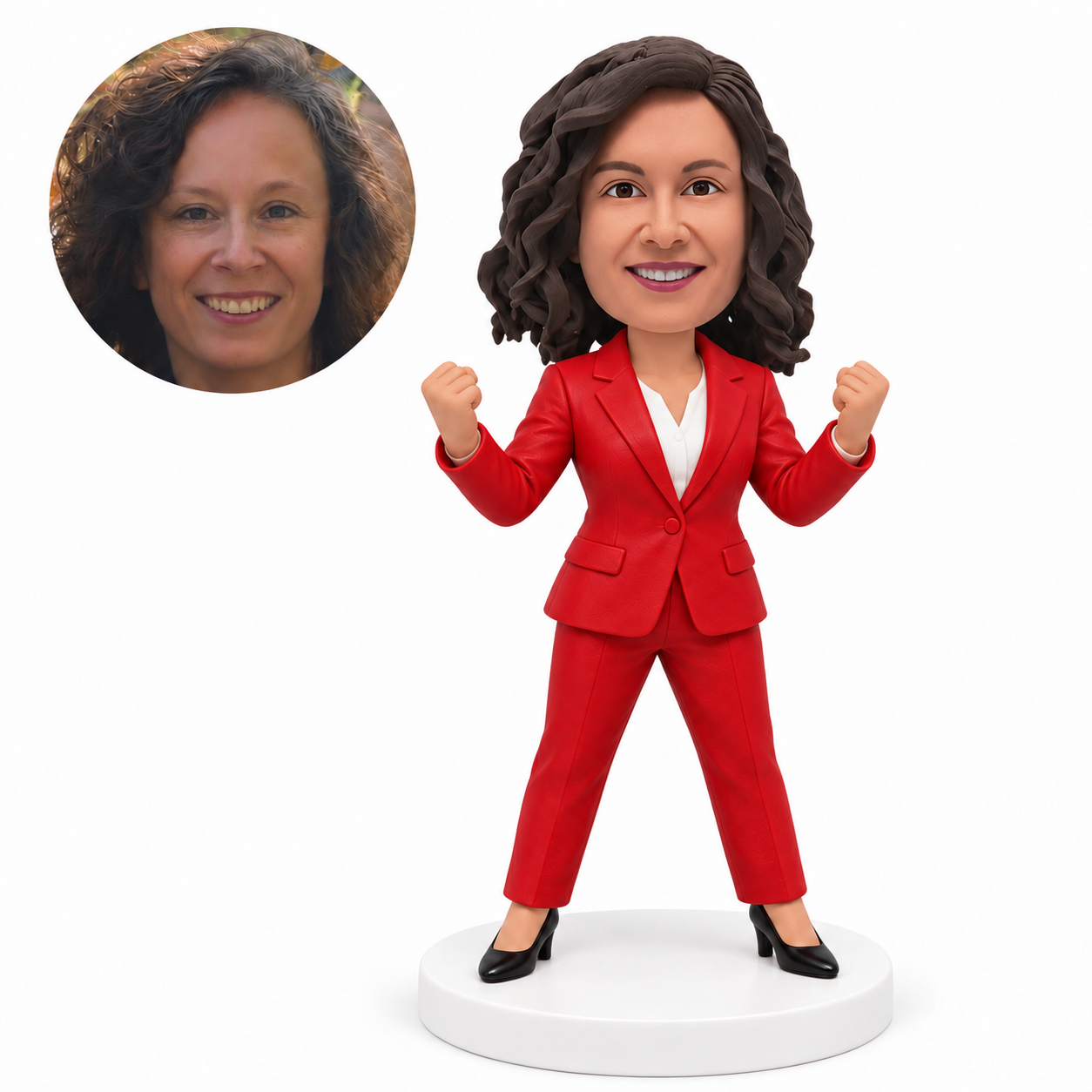 custom bobblehead figure businesswoman in a pantsuit celebrating with raised fists