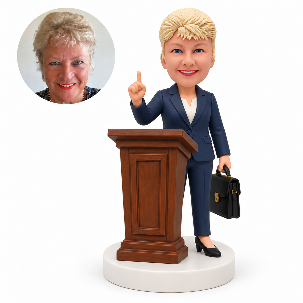 custom bobblehead figure businesswoman pointing upward at a wooden podium with a briefcase