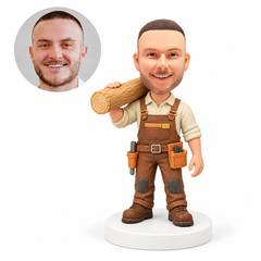 custom bobblehead figure carpenter carrying a timber log over one shoulder