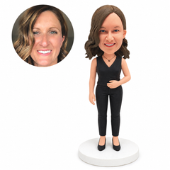 custom bobblehead figure woman in a sleeveless v-neck top and trousers