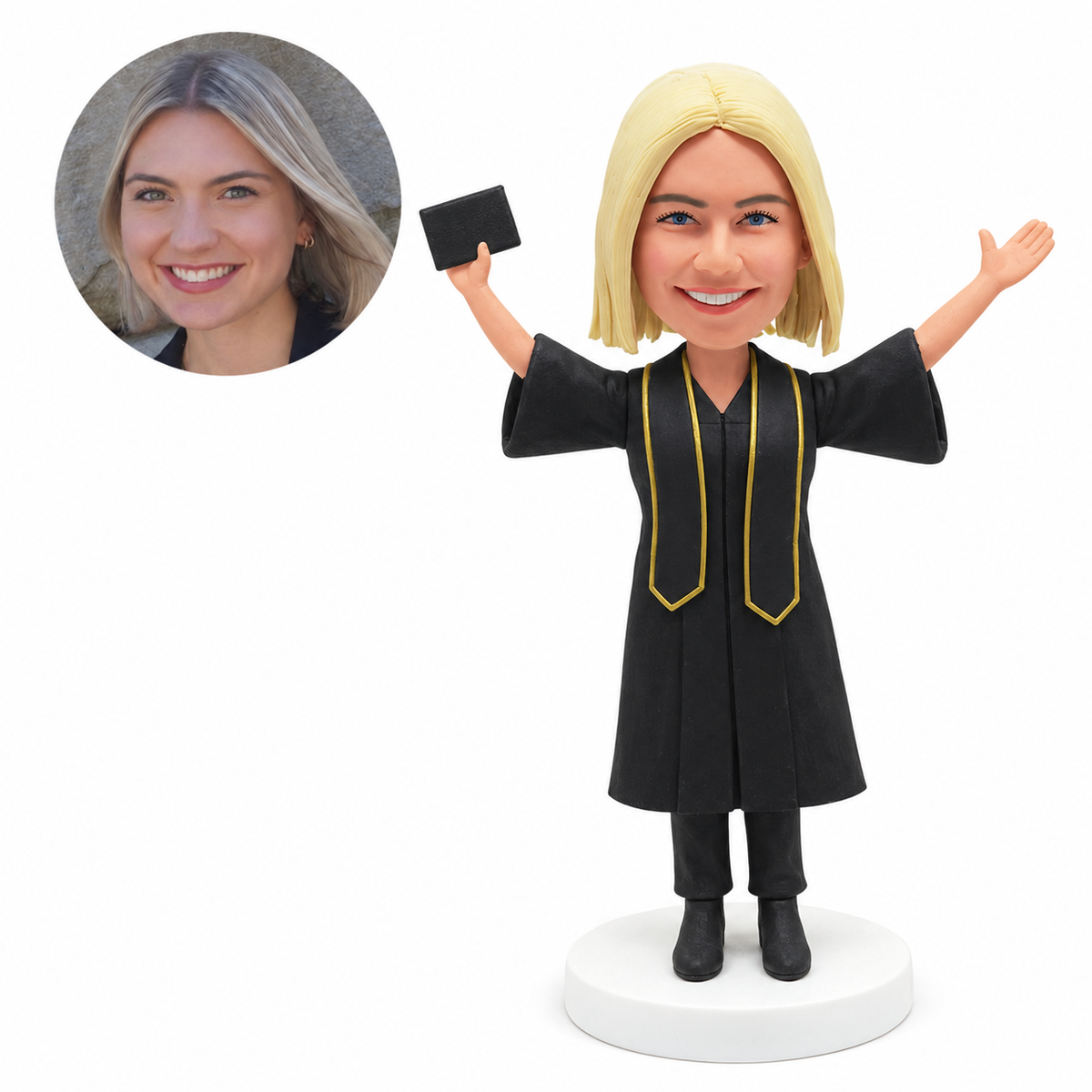 custom bobblehead figure female graduate celebrating with raised arms and a certificate