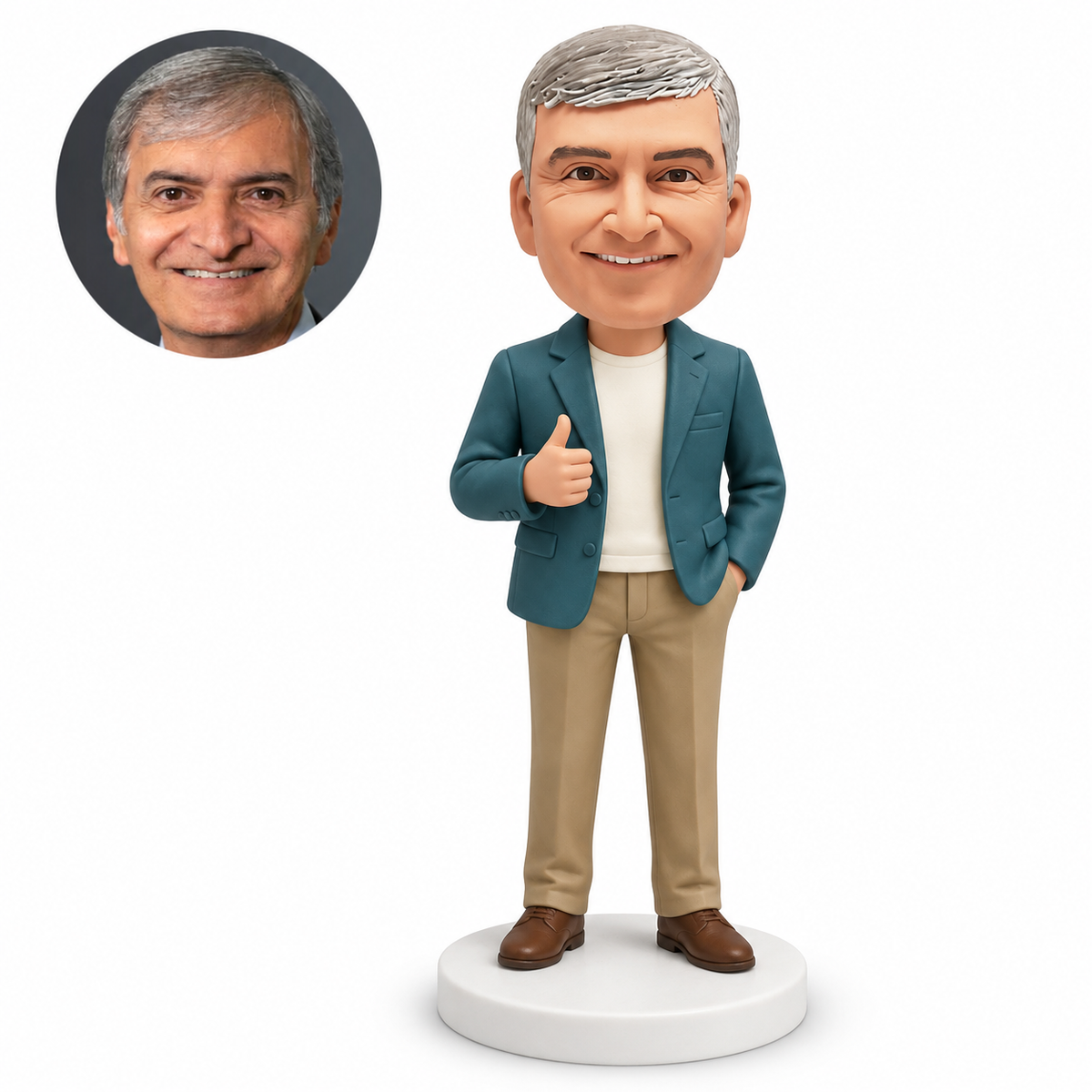 custom bobblehead figure businessman giving a thumbs up with one hand in a pocket