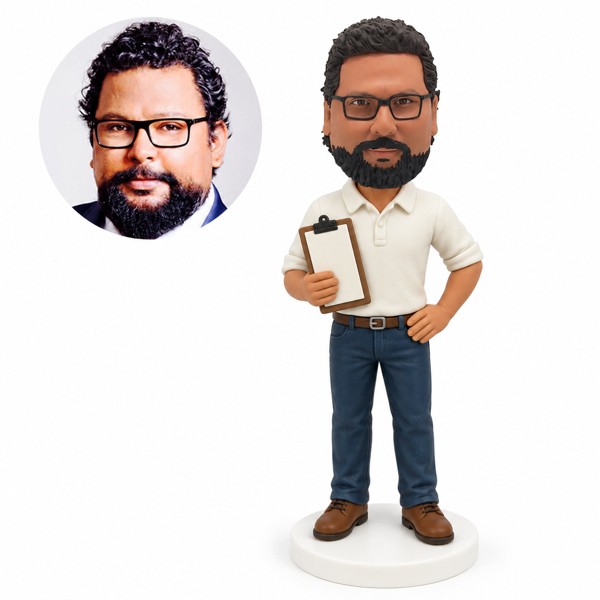 custom bobblehead figure man holding a clipboard with his other hand on his hip