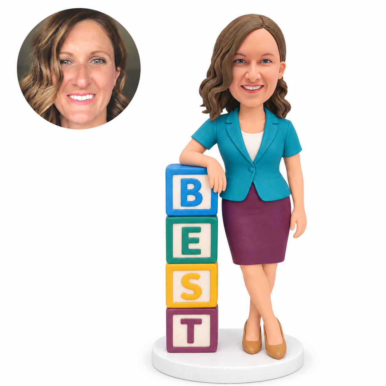 custom bobblehead figure businesswoman resting her arm on stacked BEST blocks