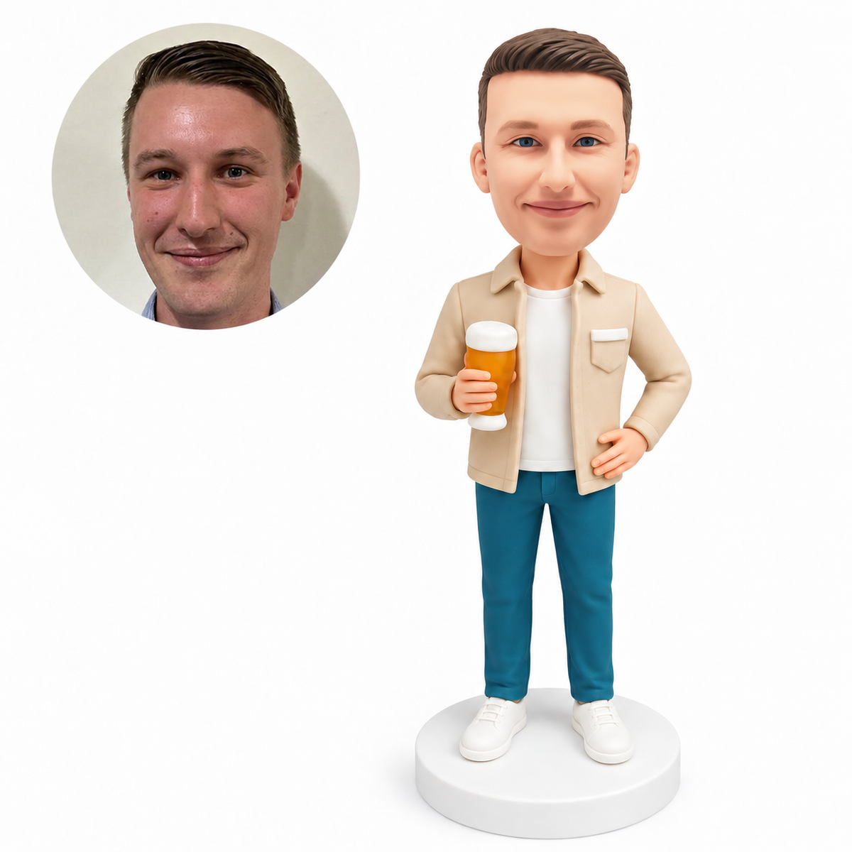 custom bobblehead figure man holding a beer glass with one hand on his hip