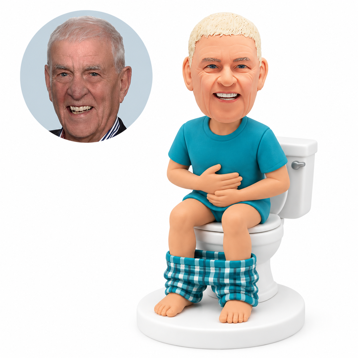 custom bobblehead figure man sitting on a toilet with both hands on his stomach