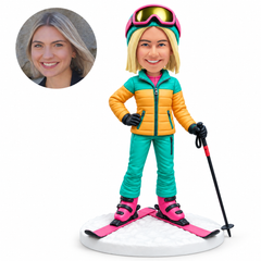 custom bobblehead figure female skier with one hand on her hip and one ski pole