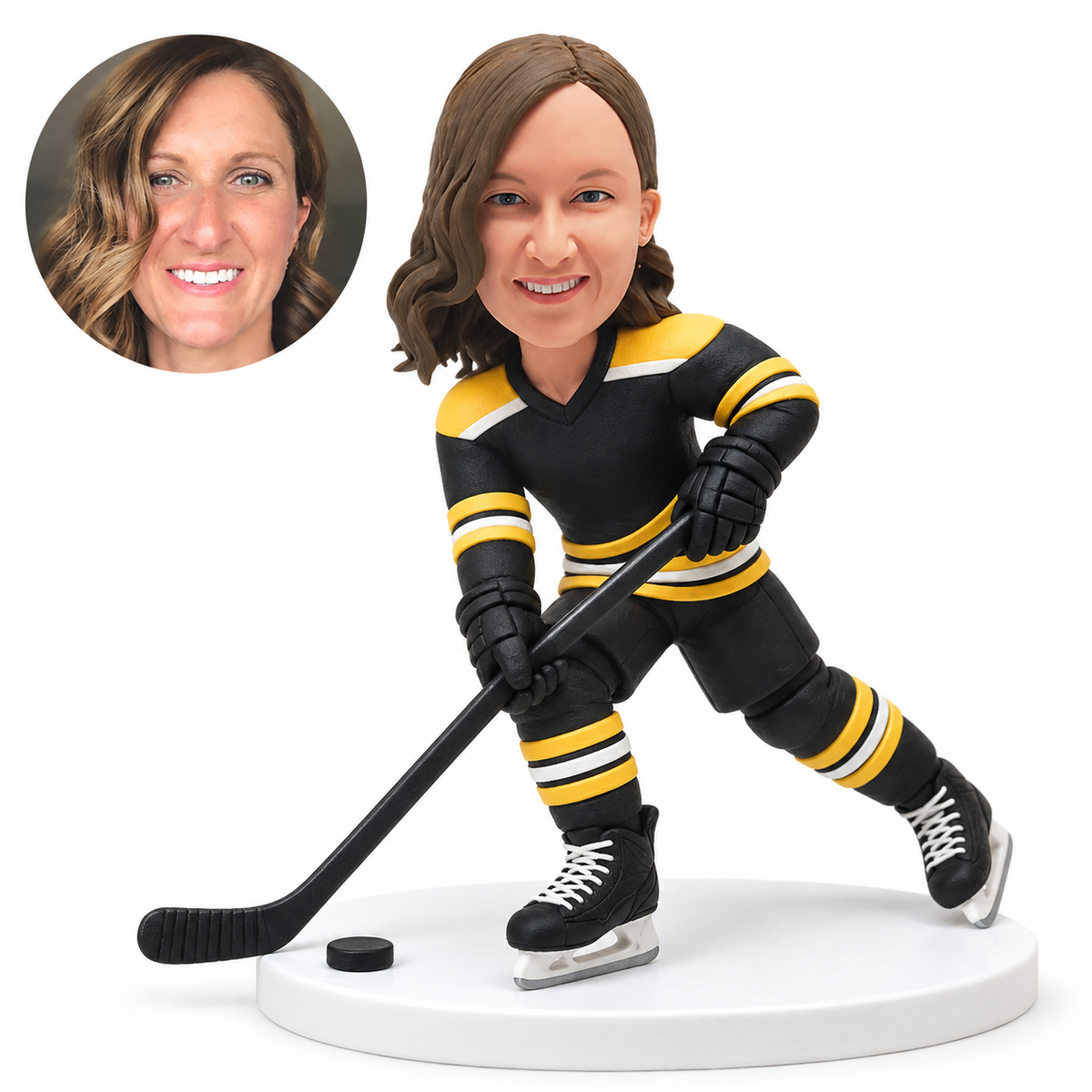 custom bobblehead figure female ice hockey player in a skating lunge with a stick and puck