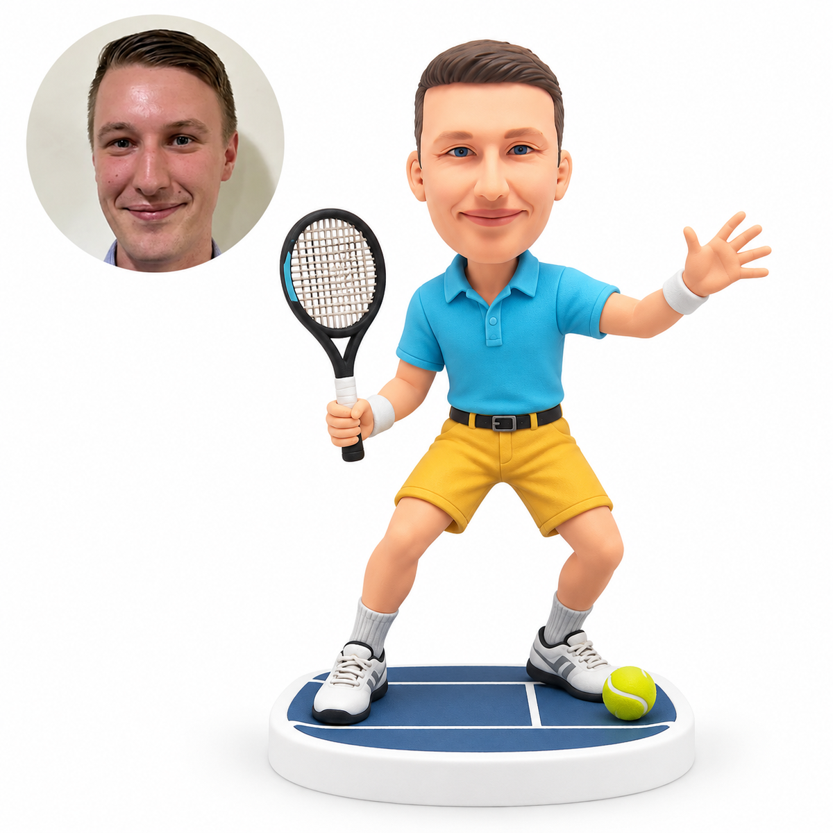 custom bobblehead figure male tennis player holding a racket with an open raised hand