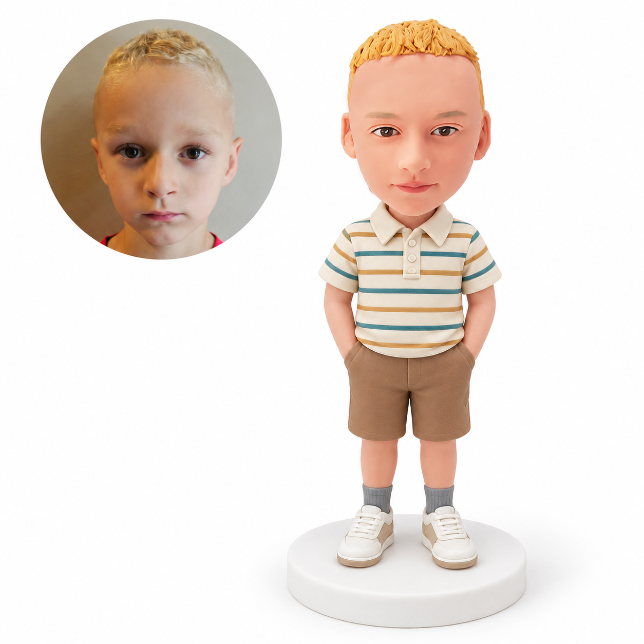 custom bobblehead figure boy in a striped polo shirt and shorts with both hands in pockets