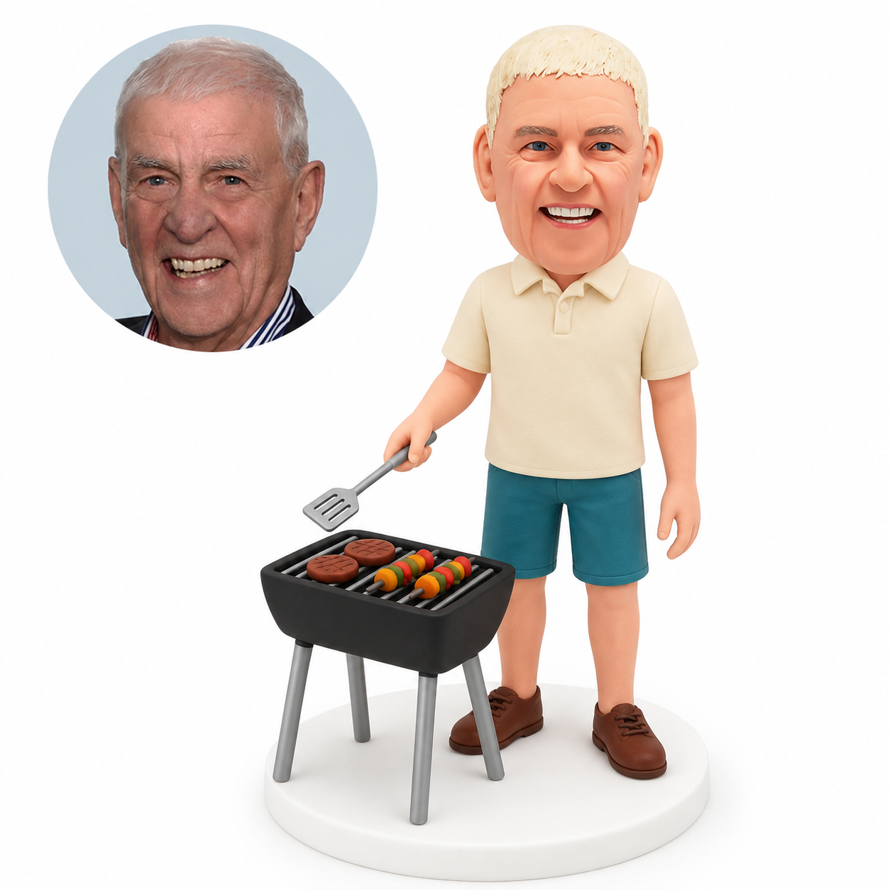 custom bobblehead figure man in a polo shirt and shorts grilling with a spatula beside a rectangular barbecue
