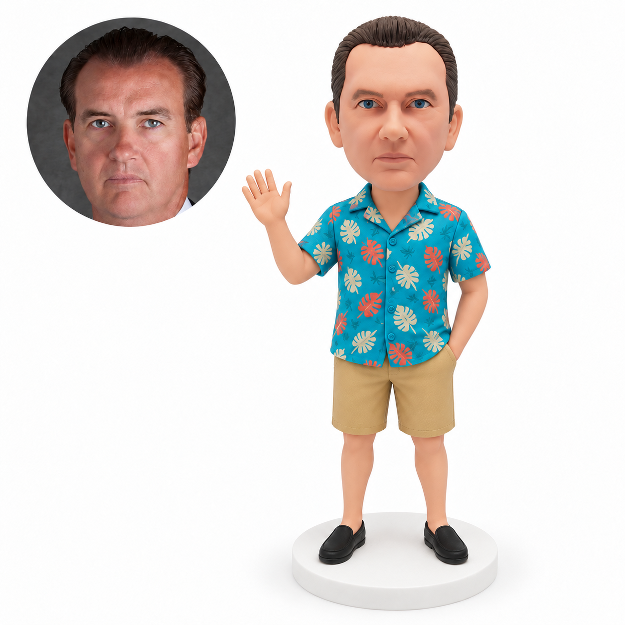 custom bobblehead figure man in a hawaiian shirt and shorts waving with one hand in his pocket