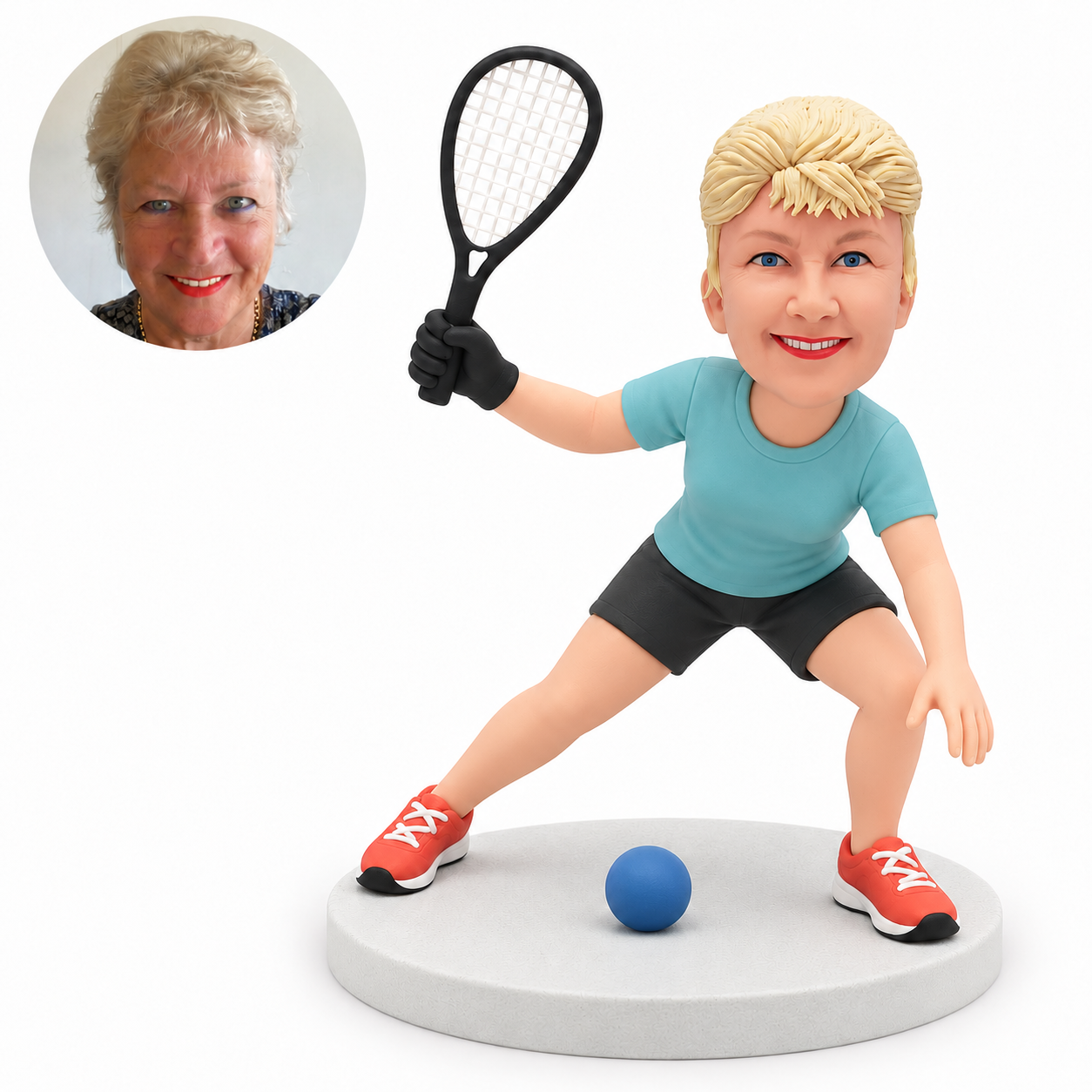 custom bobblehead figure female racquetball player crouching with a raised racket and a gloved hand