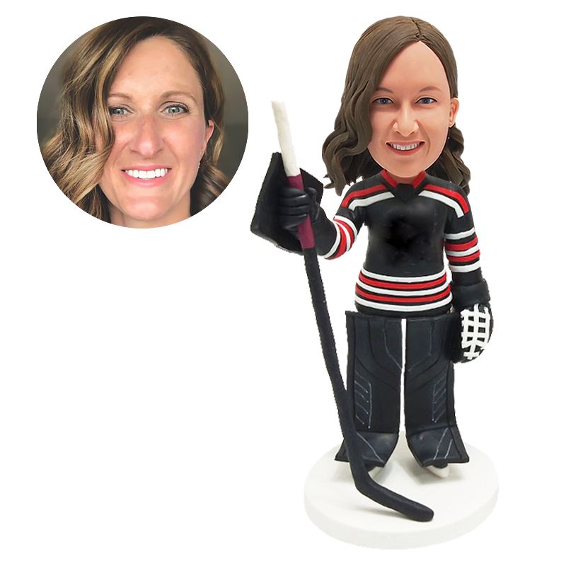 personalized bobblehead figure female hockey goalie holding her hockey stick