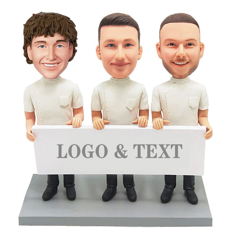 custom bobbleheads figures company collage team holding a white board